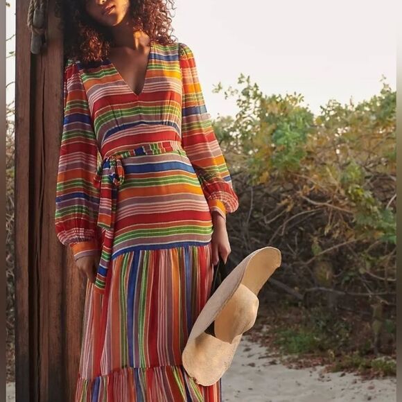 Farm Rio for Anthropologie Multi Color Striped Belted Dress - Picture 1 of 8